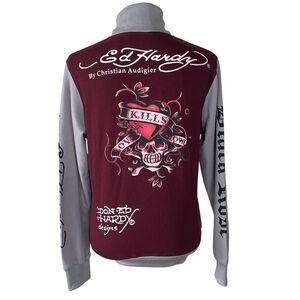 Ed Hardy Love Kills Zip Up Maroon Size XL